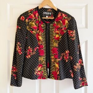 Vintage Criscione New York Womens Black Floral Polka Dot Zip Front Jacket Size L